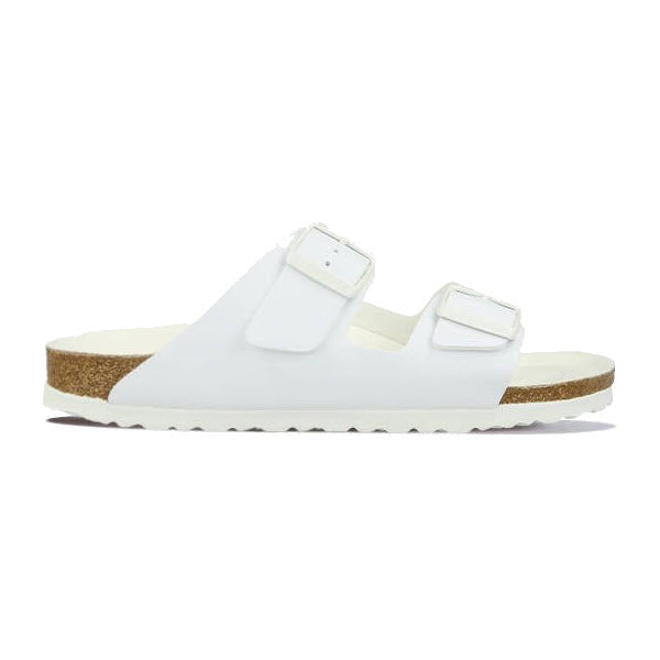 White Birkenstock Arizona two-strap sandal with cork footbed and EVA outsole. 
Product Name: BIRKENSTOCK ARIZONA WHITE BIRKOFLOR - WOMENS
Brand Name: Birkenstock