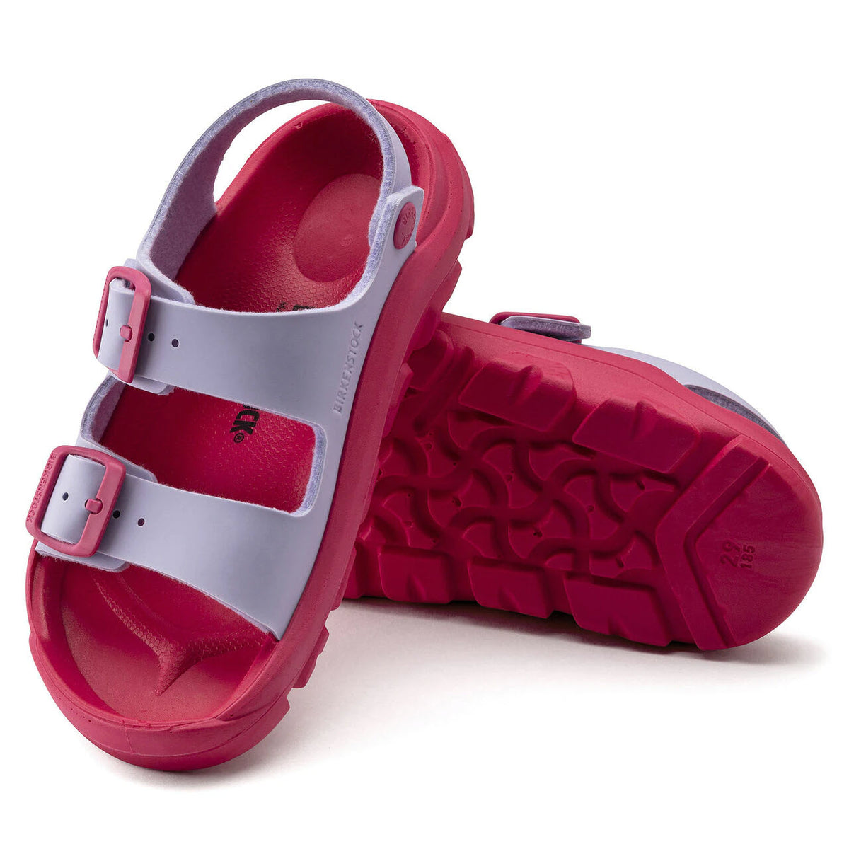 A pair of red BIRKENSTOCK MOGAMI ICY PURPLE FOG/PINK - KIDS sandals with adjustable straps on a white background.