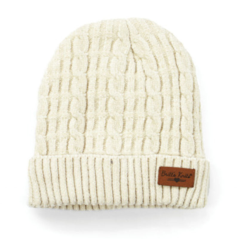 A cream-colored Britts Knits Plush Lined Hat Oat with a brand label on the front.