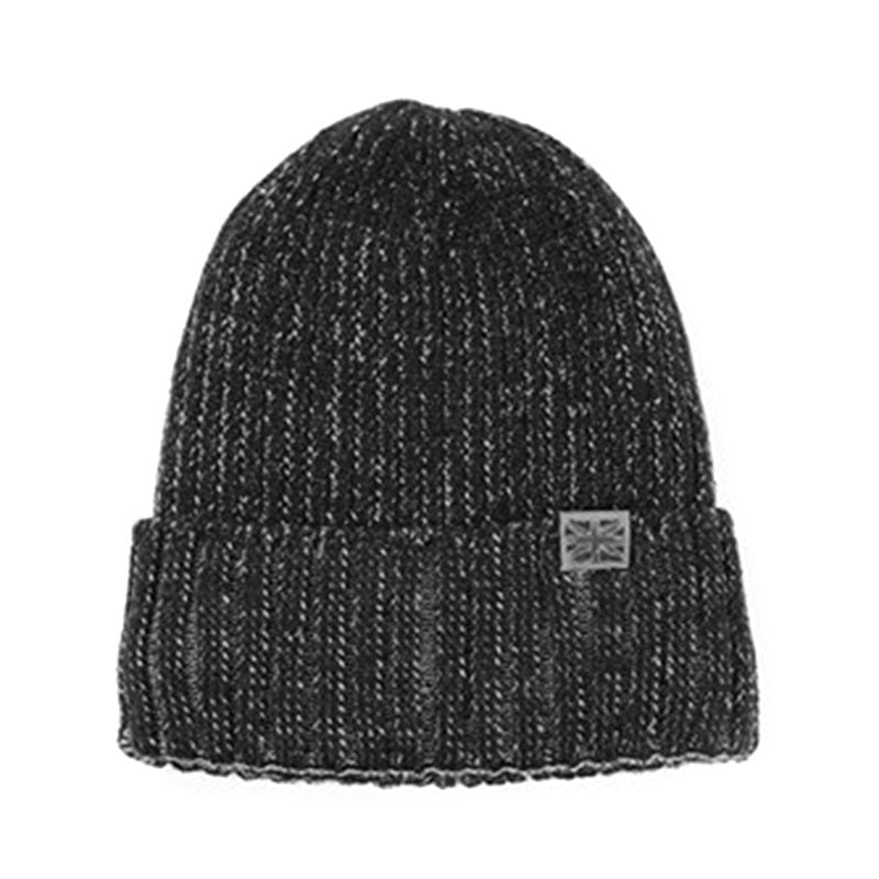 Brits Knits black ribbed knit beanie hat with a logo patch on the fold.