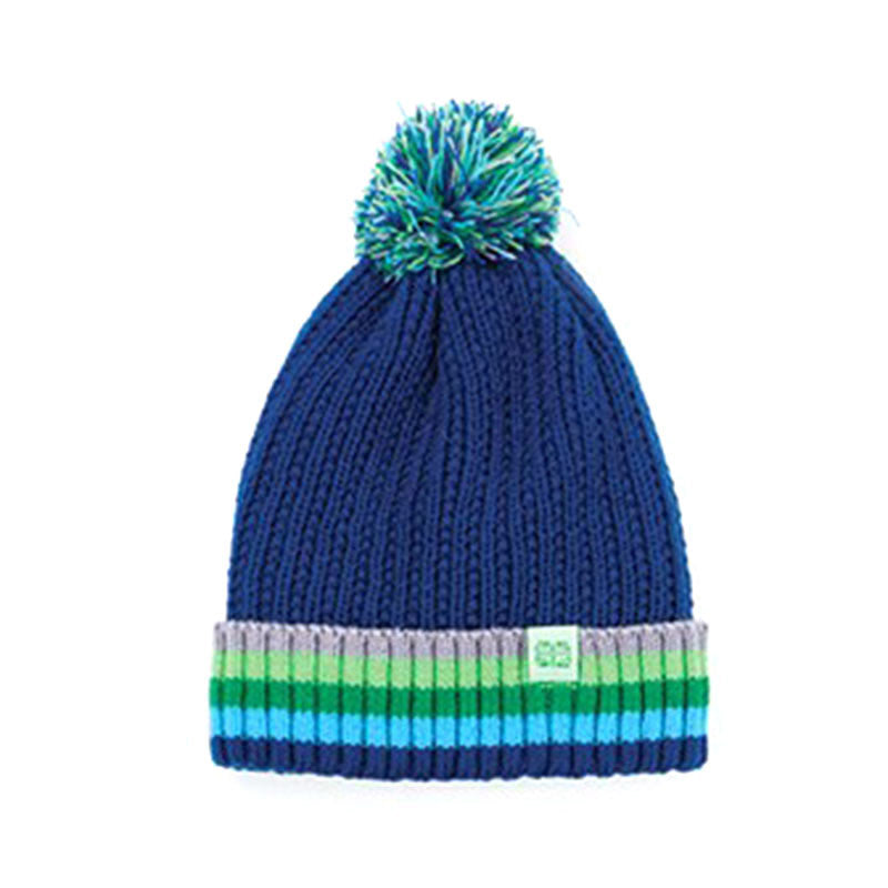 A BRITS KNITS PLUSH LINED HAT KIDS NAVY with a green and turquoise striped rim and a multi-colored pom-pom on top from Brits Knits.