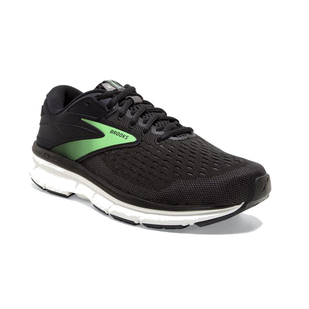 A black Brooks DYAD 11 running shoe with green accents and cushioned comfort, displayed against a white background.