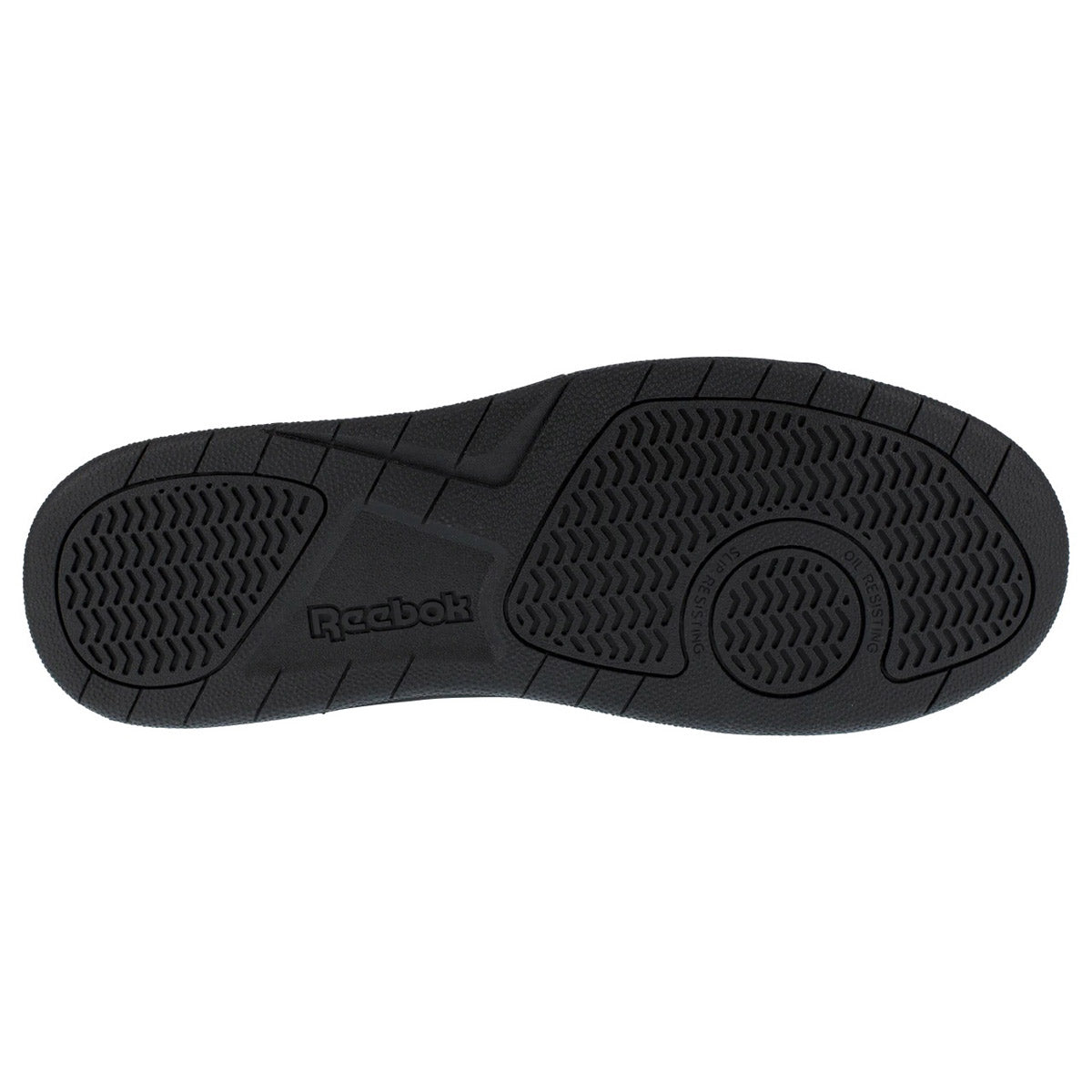 Black Reebok Work Composite Toe BB4500 Mid shoe sole with slip-resistant rubber outsole.