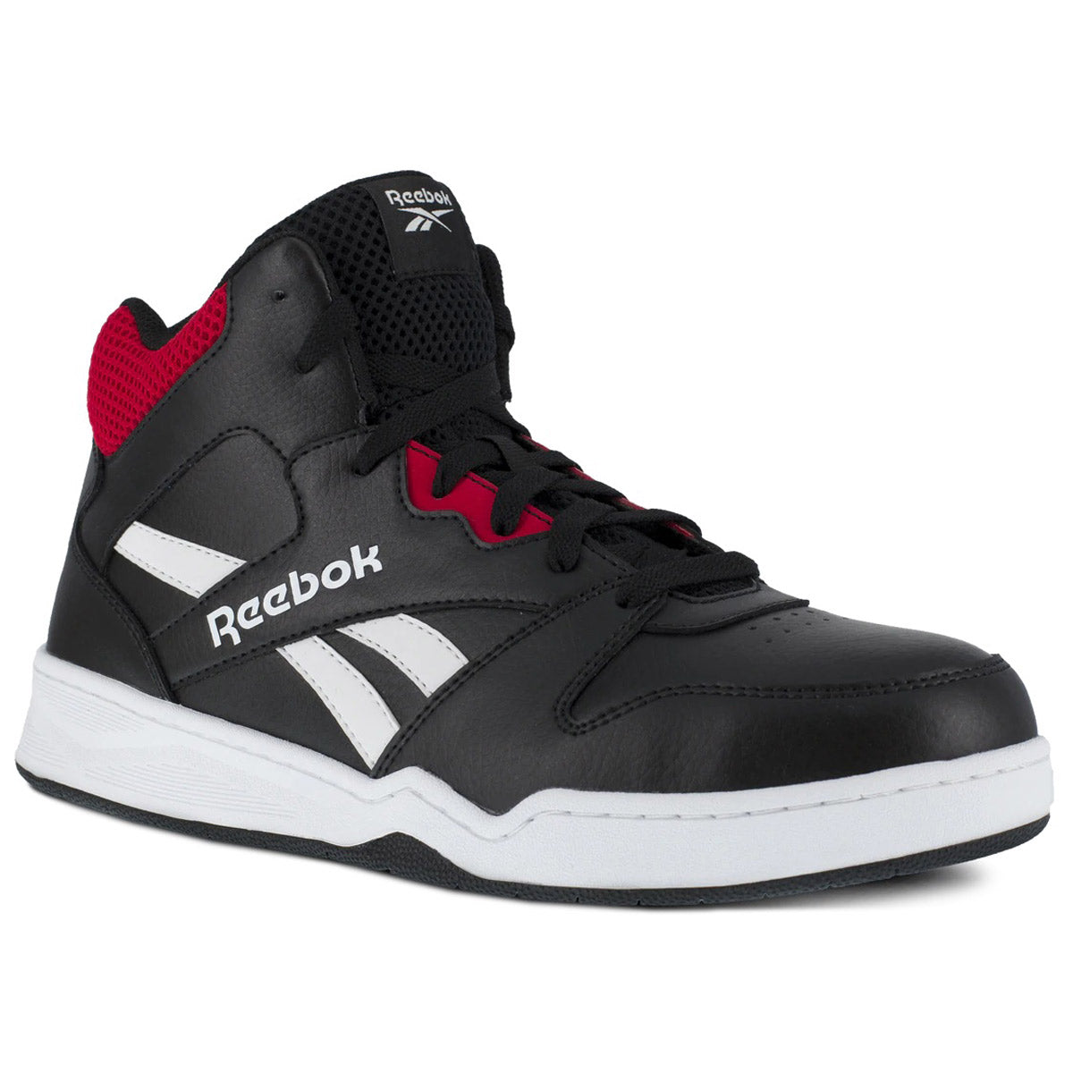 Black and white Reebok Work Composite Toe BB4500 Mid high-top safety toe boot with red accents.