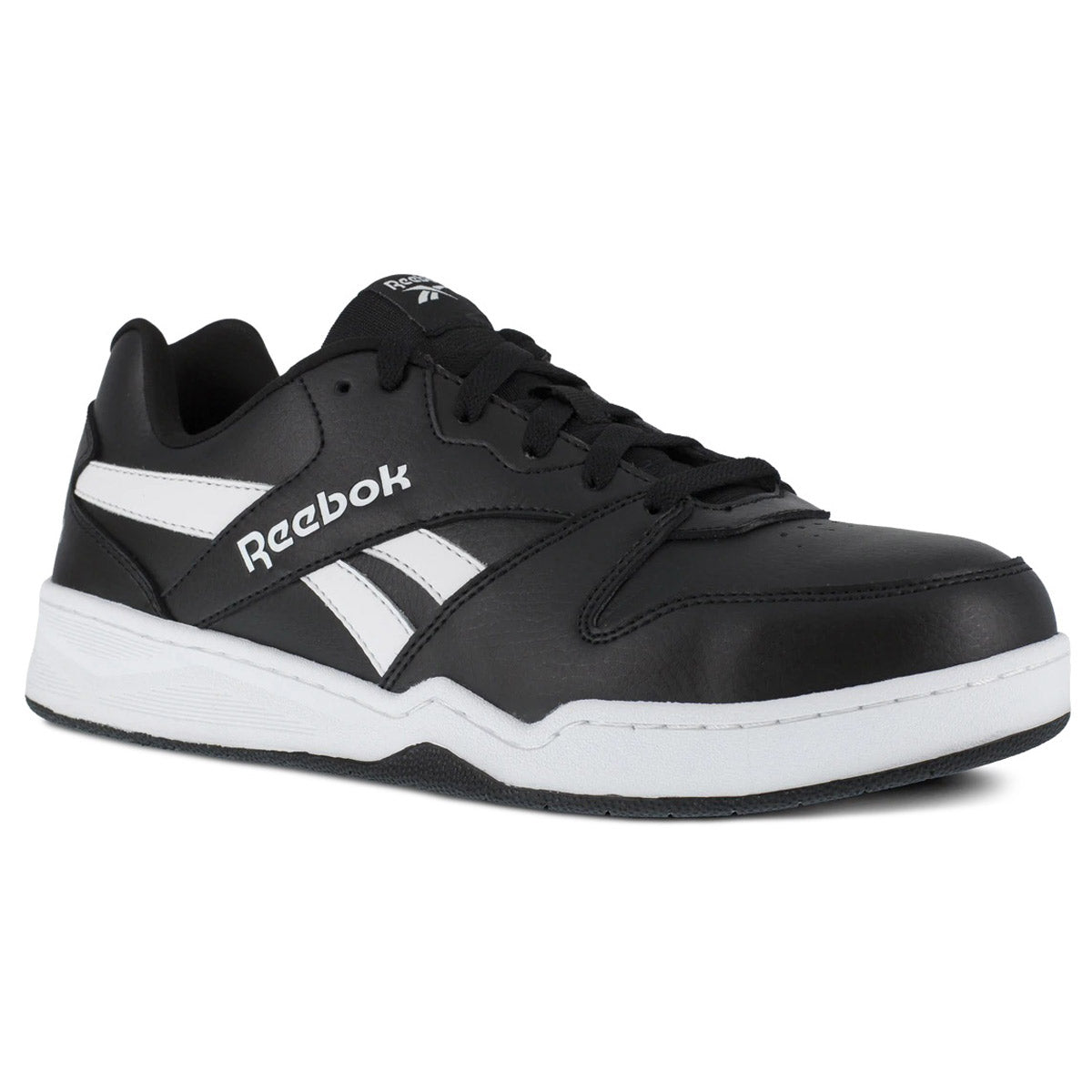 Black and white Reebok Work Composite Toe BB4500 Low athletic shoe on a white background.