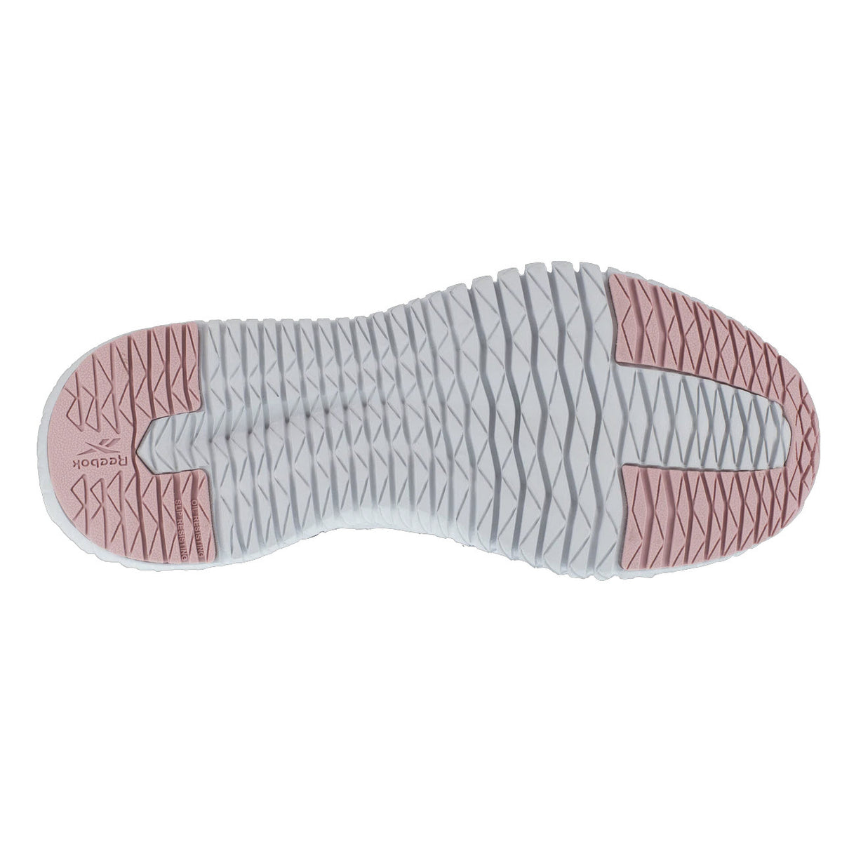 The sole of a Reebok Work CT Flexagon 3 Blue/Pink - Womens shoe with a herringbone pattern and Reebok Work brand name visible.