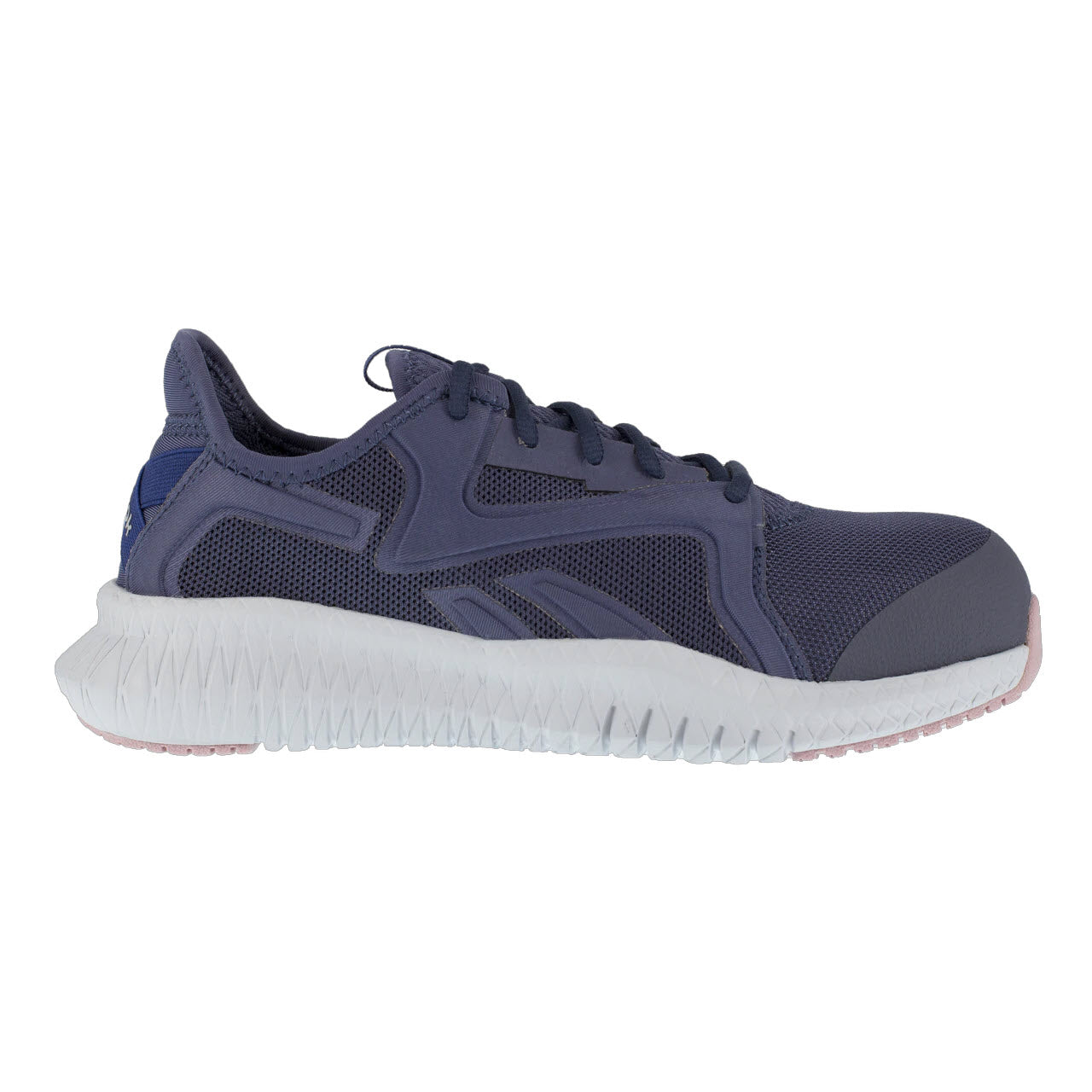 A single navy blue Reebok Work CT Flexagon 3.0 athletic sneaker with a white sole and MemoryTech Memory Foam footbed.