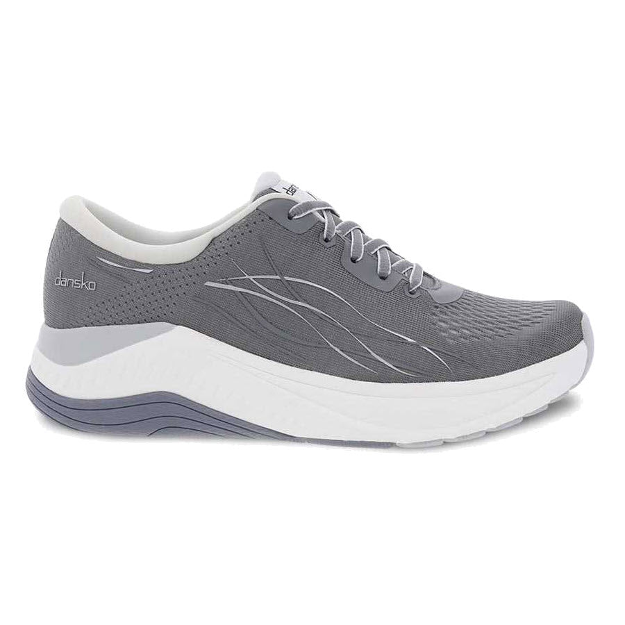 A single Dansko Pace Grey Mesh walking shoe with white sole on a white background, featuring Dansko Natural Arch Plus and odor control.
