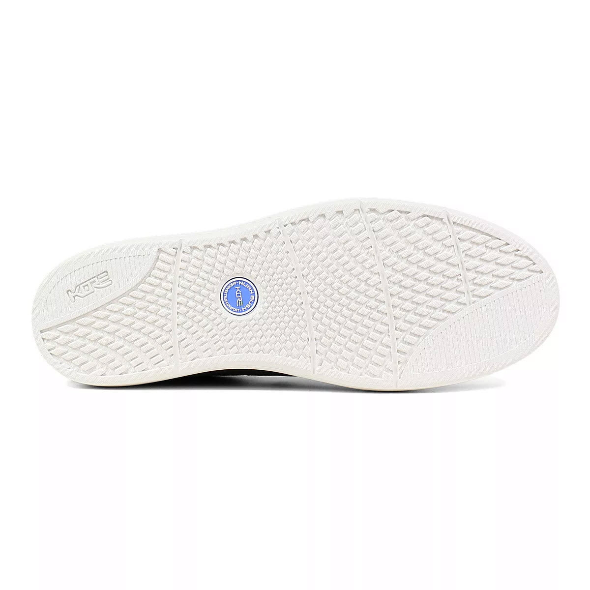 White Nunn Bush sneaker sole with textured pattern and blue brand logo, featuring a Memory Foam insole.
