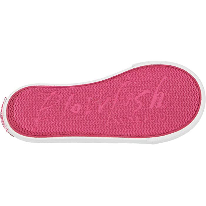 Pink vulcanized synthetic rubber sole of a shoe with textured pattern and the word &quot;BLOWFISH&quot; embossed on it.