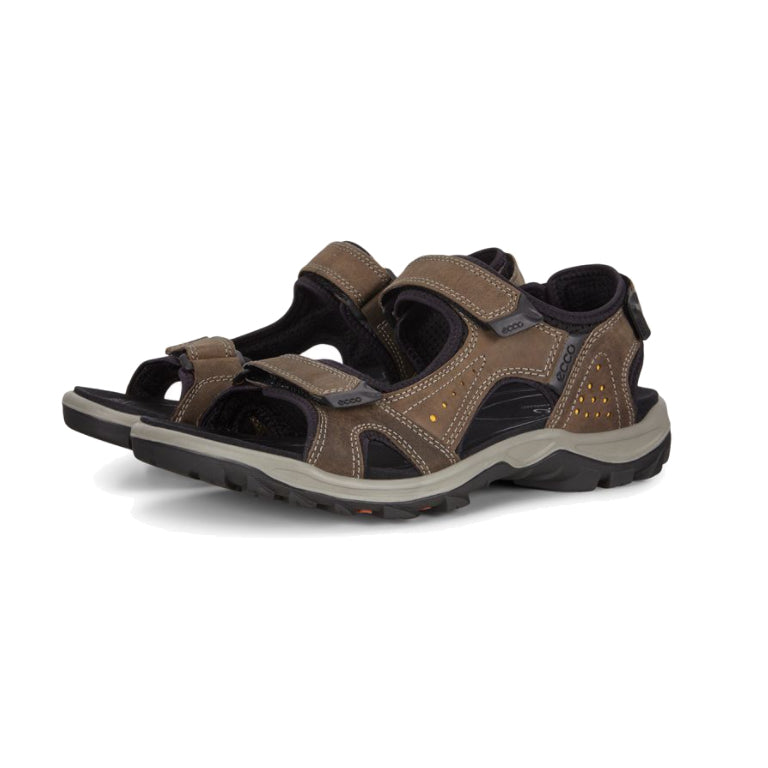 A pair of brown men&#39;s Ecco Offroad Lite sports sandals, featuring RECEPTOR technology, isolated on a white background.