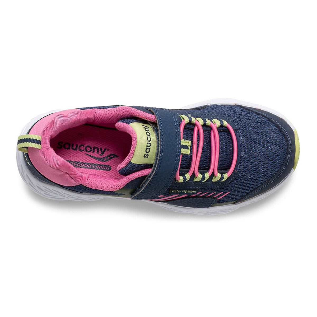 Top view of a Saucony Wind Shield Navy/Green/Pink sneaker, featuring a water-repellent upper.