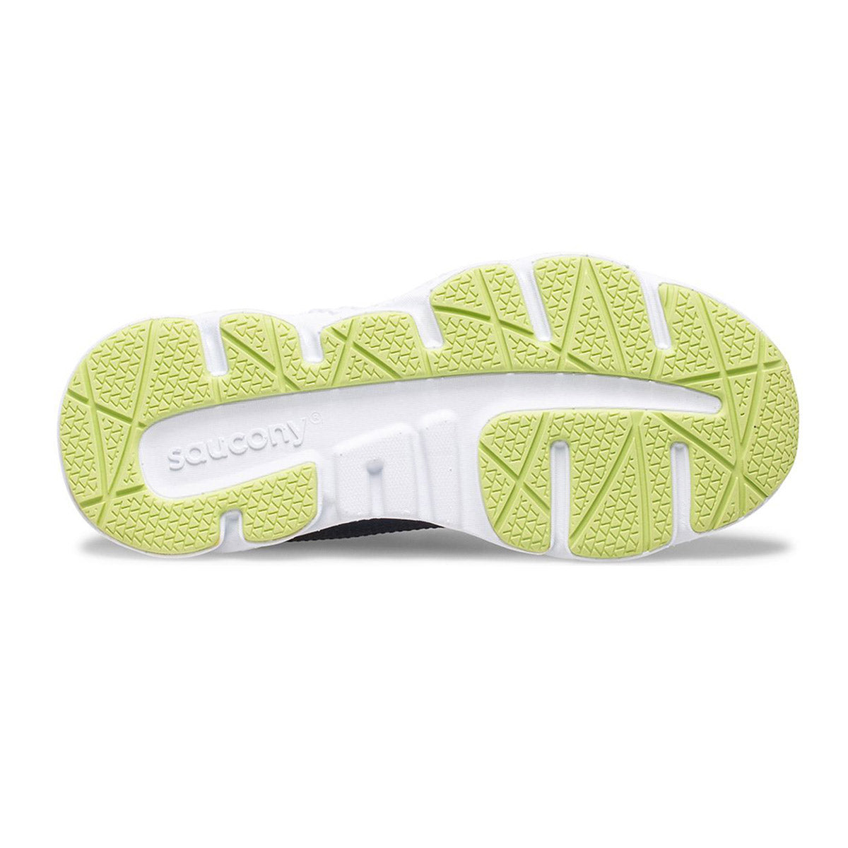 Sole of a Saucony Wind Shield running shoe with green tread designs and brand logo, featuring a water-repellent upper.