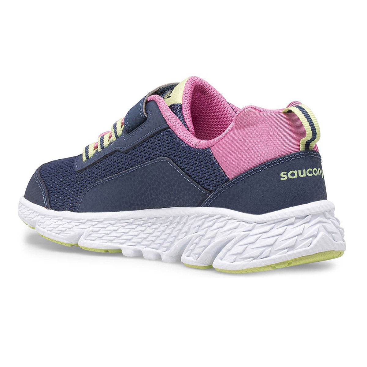 A single navy and pink Saucony Wind Shield children&#39;s running shoe with an anti-stink lining, isolated on a white background.