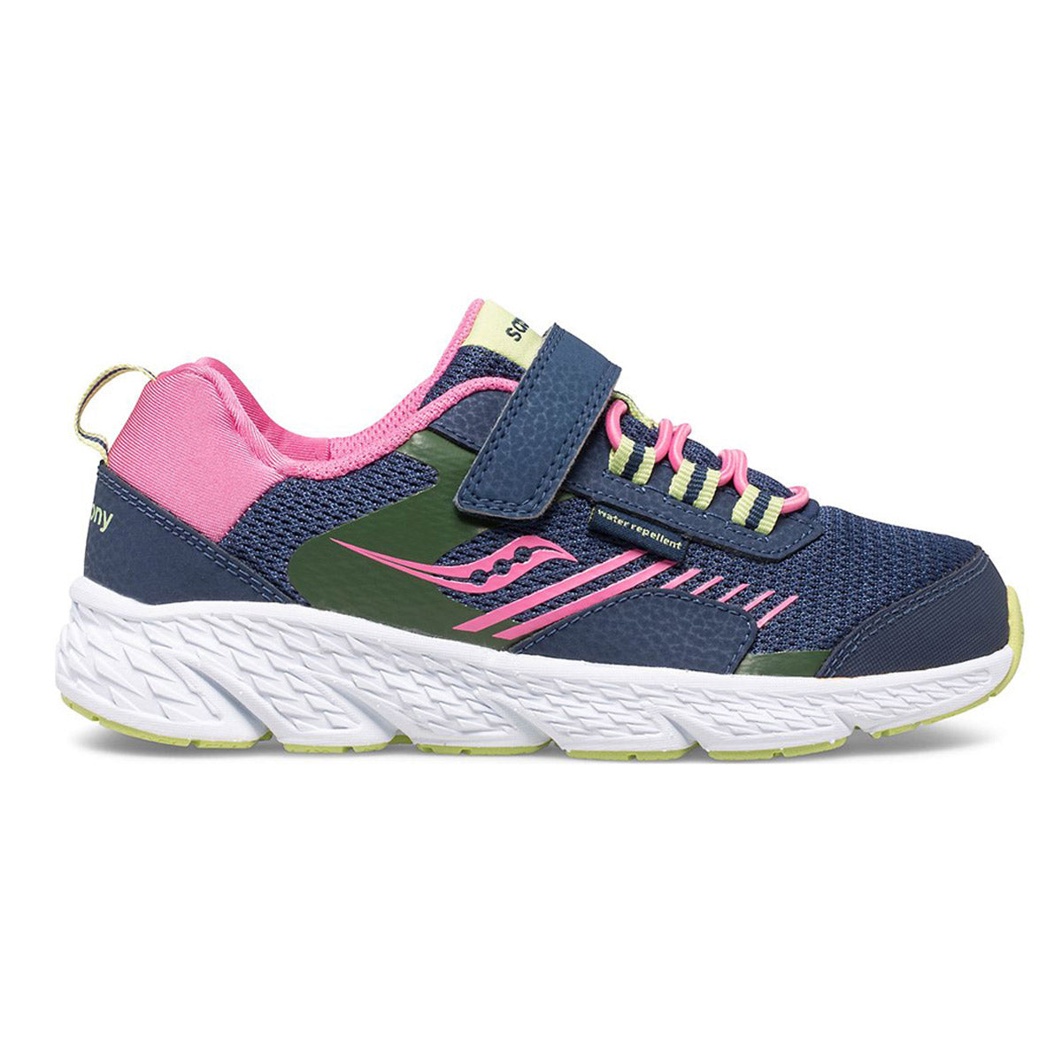 A child&#39;s navy and pink Saucony Wind Shield sneaker with white sole, velcro strap, and anti-stink lining.
