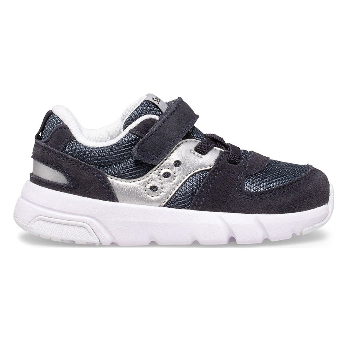 A single Saucony navy blue toddler's sneaker with velcro straps, reinforced toes, and a white sole.