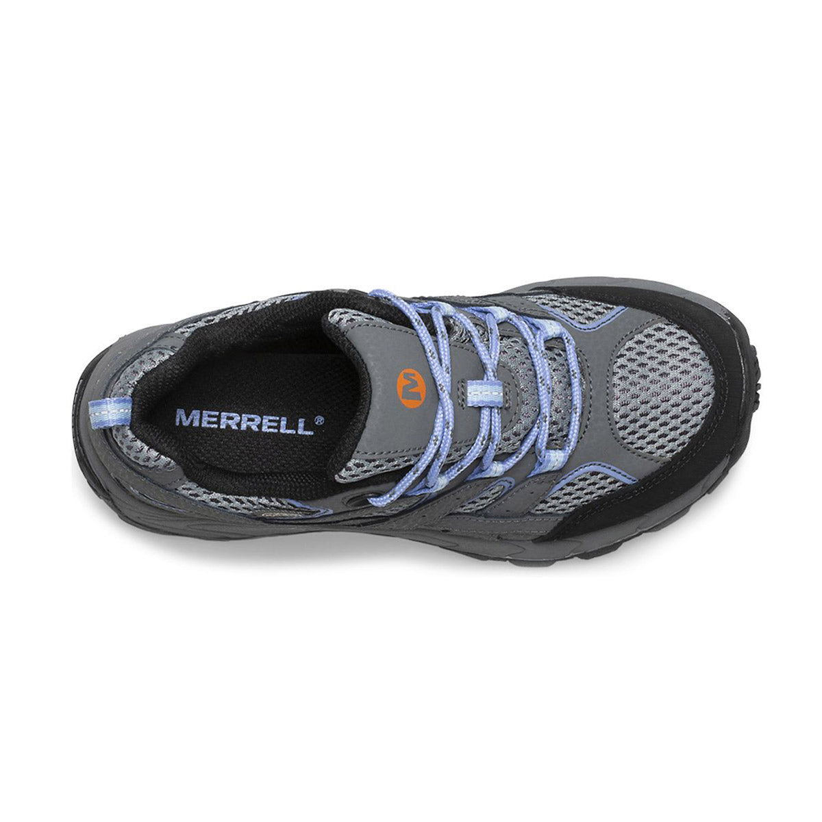 Top view of a Merrell Moab 2 Low Lace Waterproof Grey/Periwinkle - Kids hiking shoe with blue and grey accents, featuring M-Select™ GRIP outsoles.
