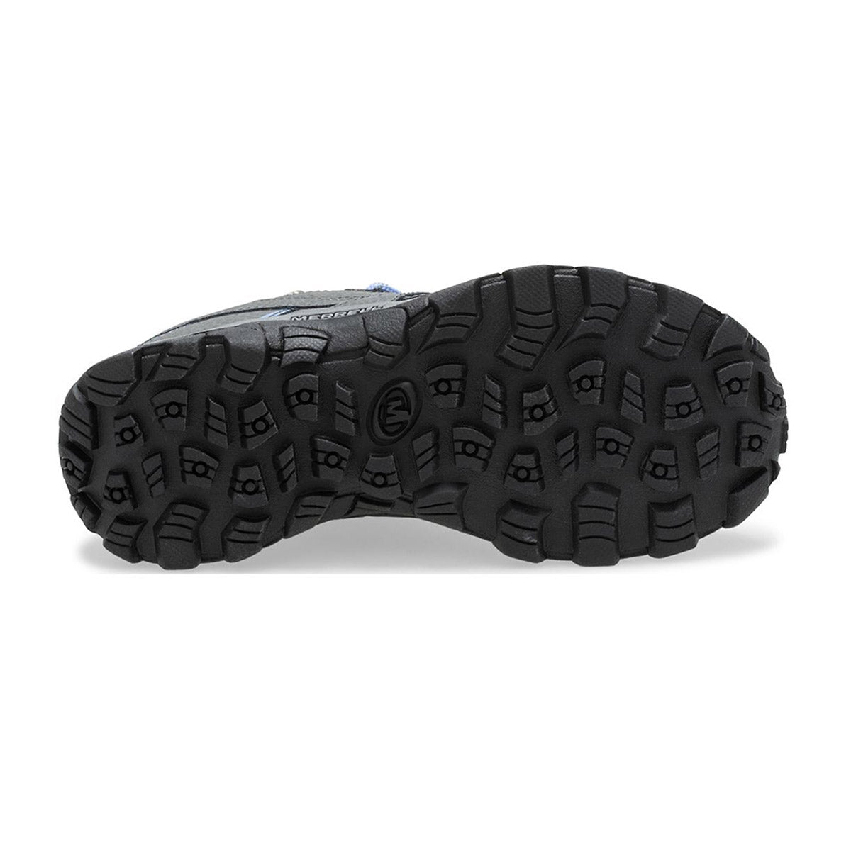 Black Merrell M-Select™ GRIP outsoles of a shoe with distinct tread pattern.