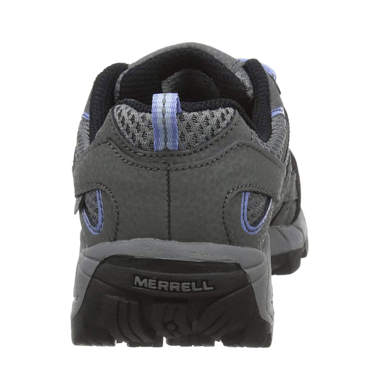Rear view of a pair of gray Merrell Moab 2 hiking shoes with blue accents and M-Select™ GRIP outsoles.