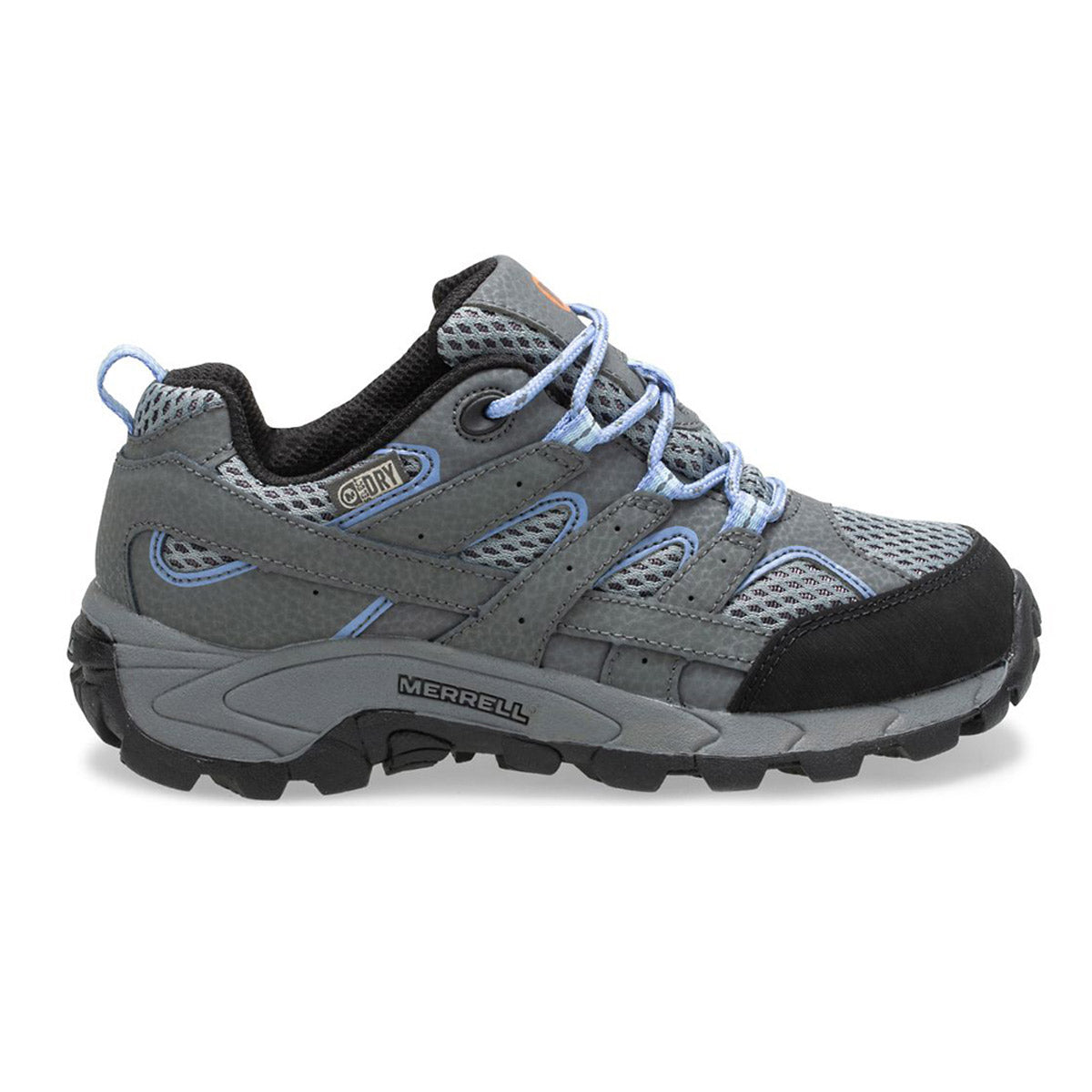 A single grey Merrell Moab 2 Low Lace Waterproof hiking shoe with periwinkle accents.
