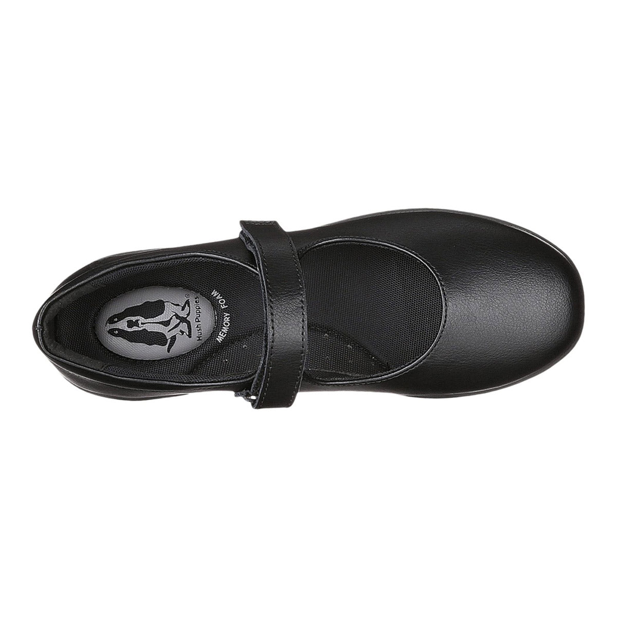 Top view of a black Hush Puppies Lexi mary jane style school uniform shoe with a single strap and a memory foam footbed insole.