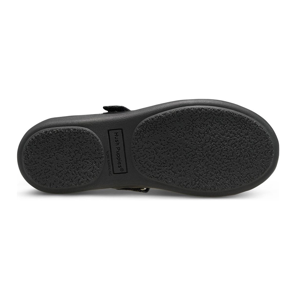 The Hush Puppies Lexi Black Leather school uniform shoe sole displayed against a white background.