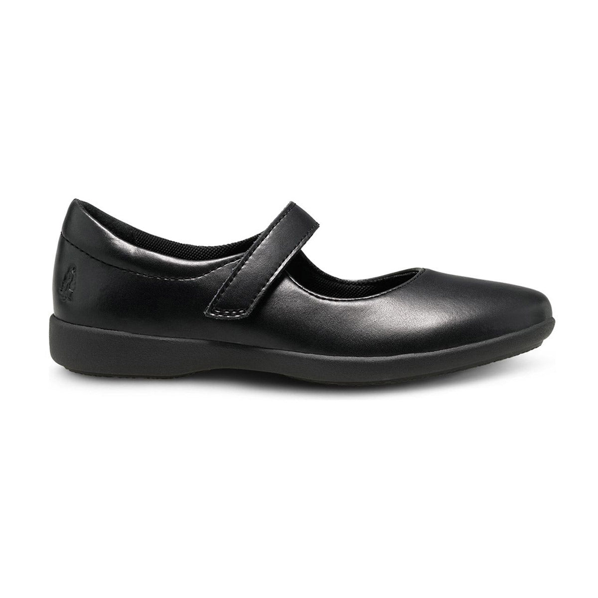 Sentence with replaced product: Black Hush Puppies Lexi leather shoe with velcro strap and memory foam footbed on a white background.