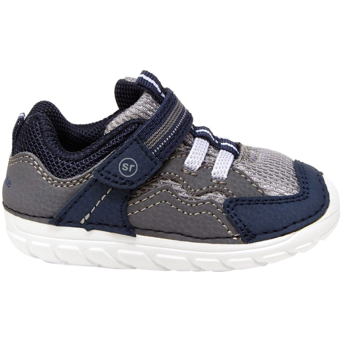 Toddler's Stride Rite navy and gray sneaker with hook and loop closure and slip-resistant.