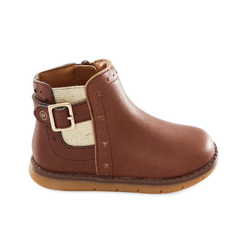 Brown Stride Rite Agnes children's ankle boot with buckle detail, APMA approved.