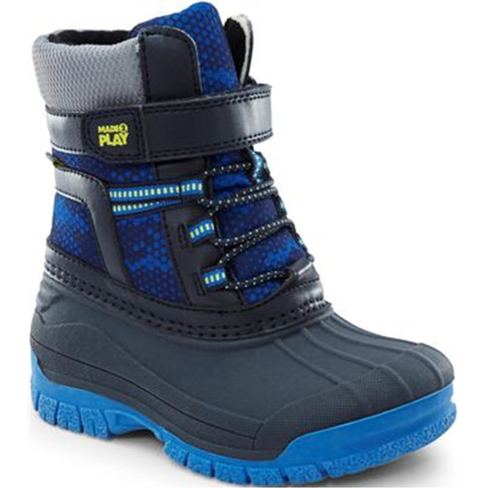 A child&#39;s Stride Rite M2P Frost Trek Navy Multi - Kids cold weather snow boot with hook and loop fasteners.