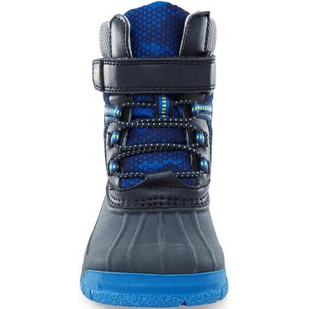 A close-up view of a Stride Rite M2P Frost Trek Navy Multi high-top, waterproof sneaker with blue accents and laces.