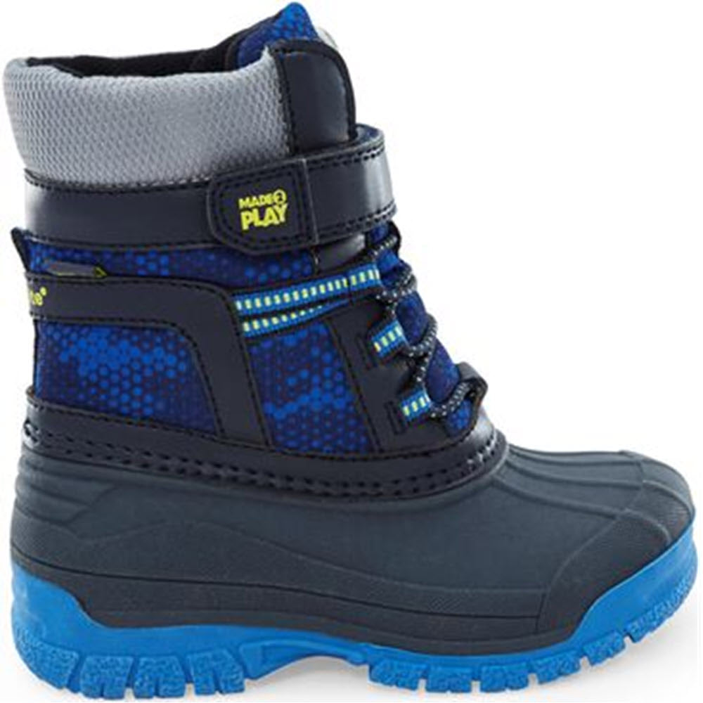 A child's Stride Rite M2P Frost Trek Navy Multi waterproof winter boot with hook-and-loop strap and laces.