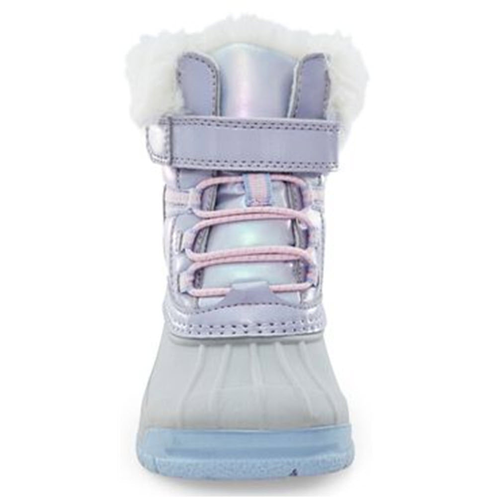 A child&#39;s waterproof winter boot with pastel colors and faux fur trim, such as the Stride Rite M2P Frost Trek Iridescent - Kids.