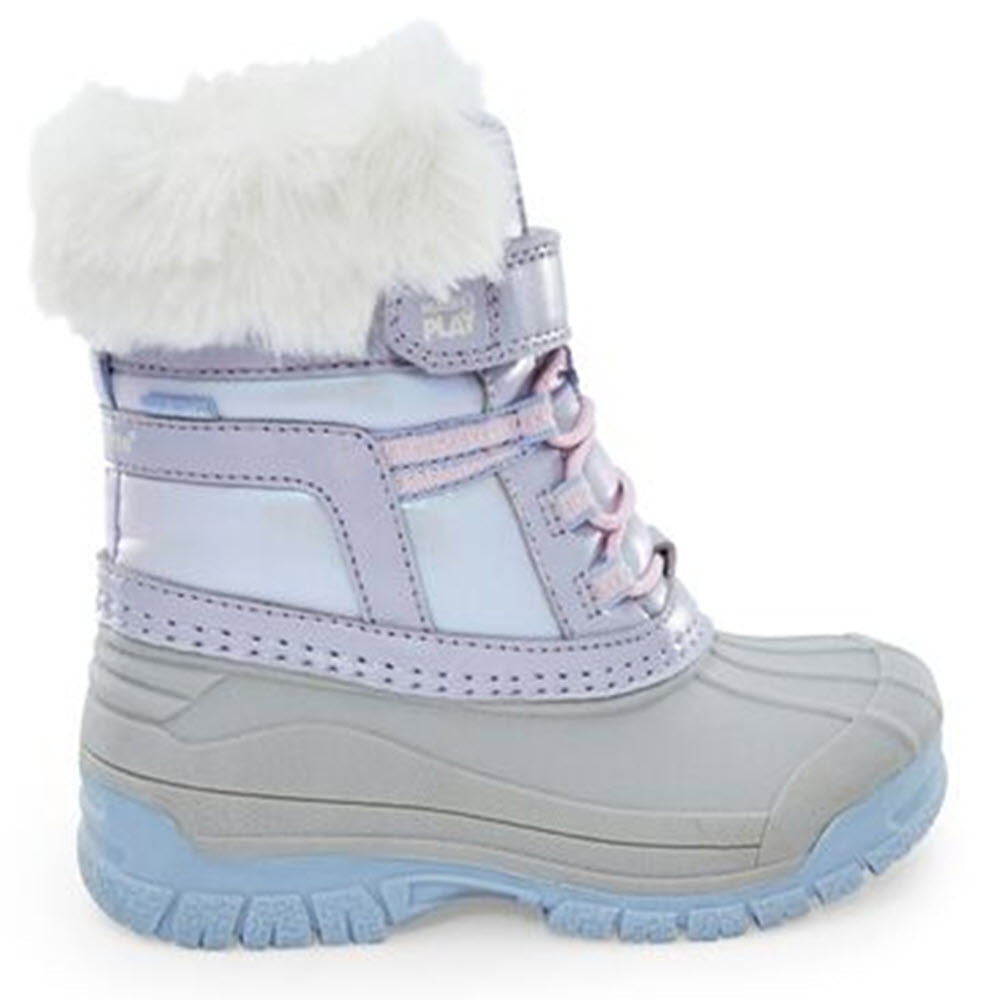 A child's waterproof winter boot with faux fur trimmings and pastel colors, like the Stride Rite M2P Frost Trek Iridescent - Kids.