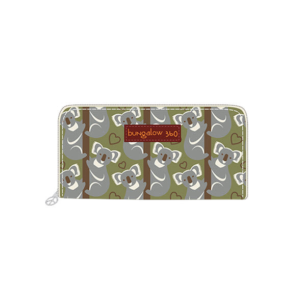 A patterned vegan wallet with koala designs and the Bungalow360 brand logo.