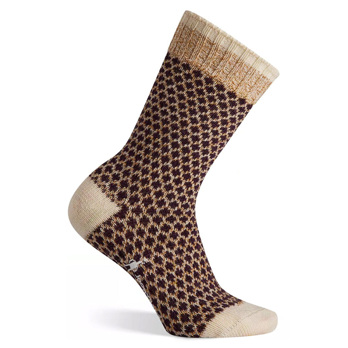 Sentence with replacements: Patterned Smartwool Popcorn Polka Dot Acorn crew sock displayed against a white background.