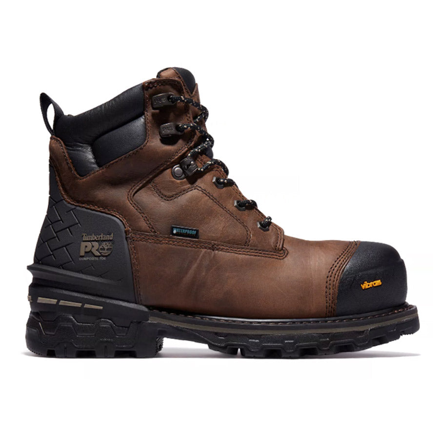 A single brown Timberland Timberland PRO Boondock HD 6 inch Comp Toe WP work boot with black accents, a composite toe, and a Vibram outsole.