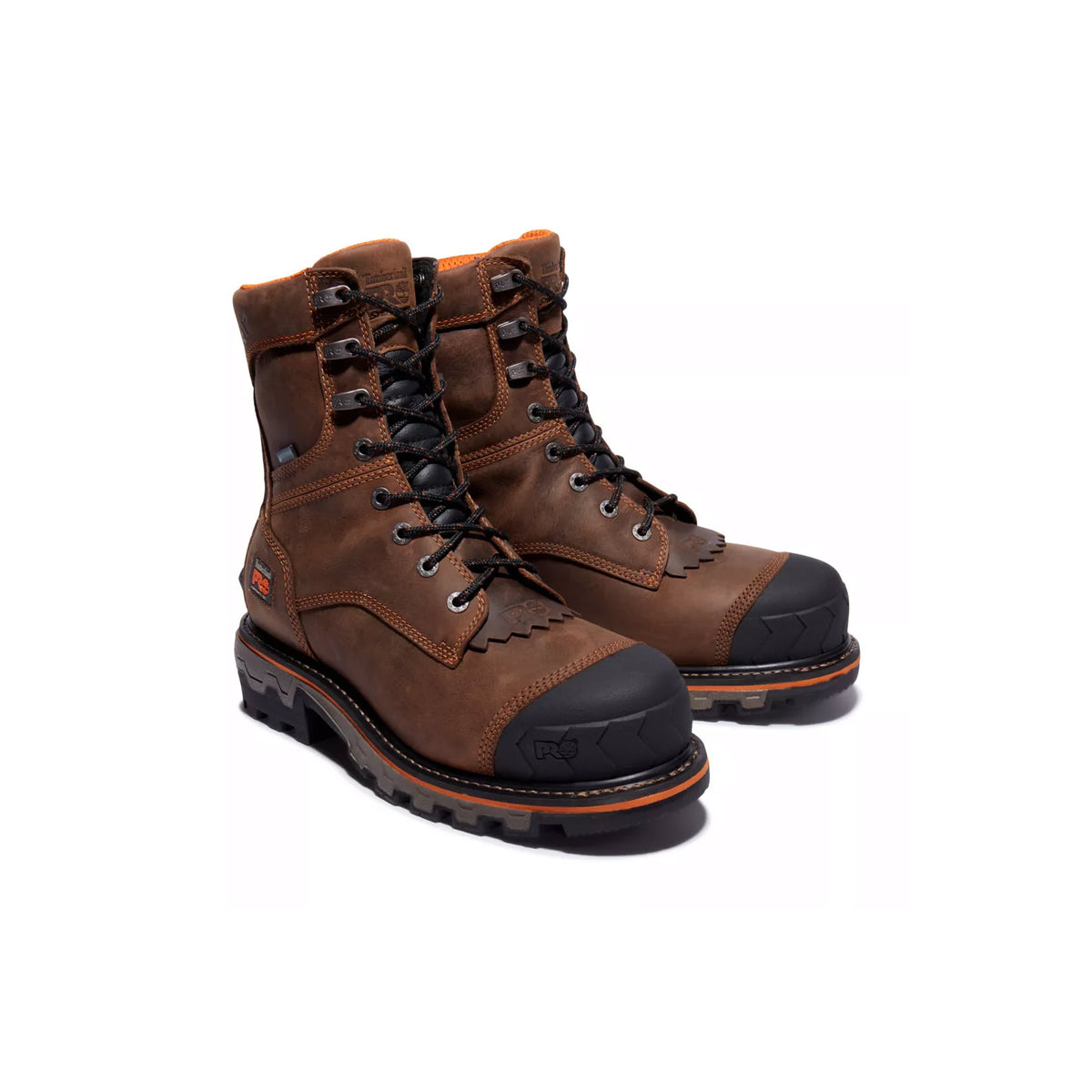 A pair of Timberland Pro Boondock HD Comp Toe Logger brown safety-toe work boots with black soles on a white background.