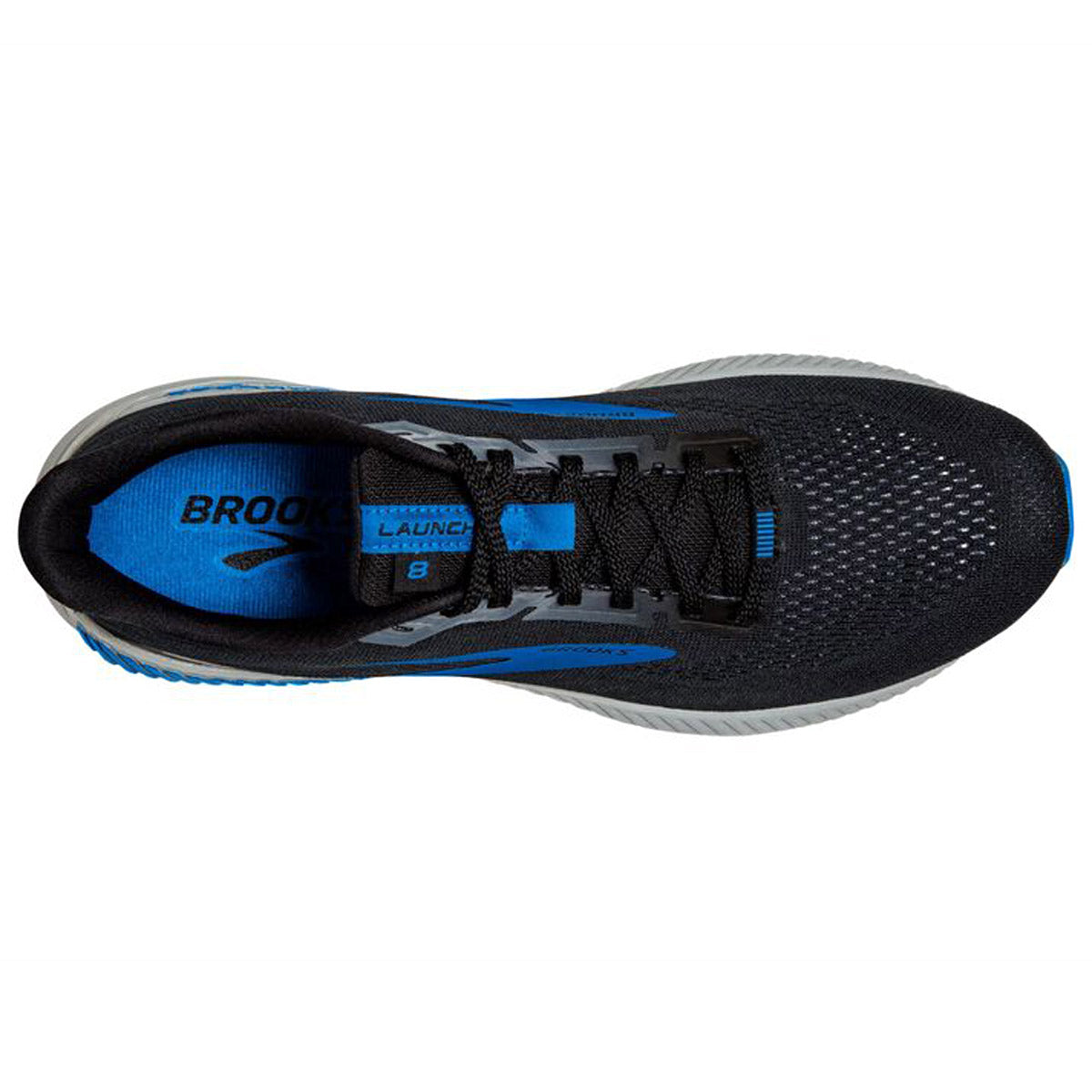 Top view of a single black and blue Brooks Launch GTS 8 running shoe with GuideRails holistic support system.