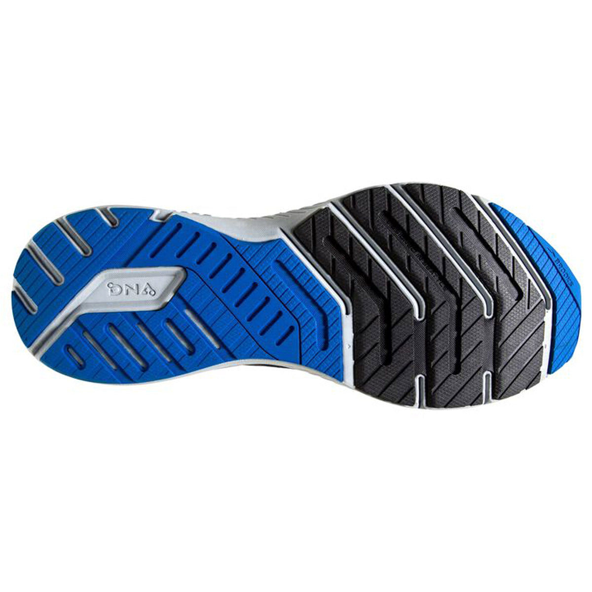 Tread pattern of a BROOKS LAUNCH GTS 8 BLACK/GREY - MENS sport shoe sole with blue and black detailing, featuring the GuideRails holistic support system.