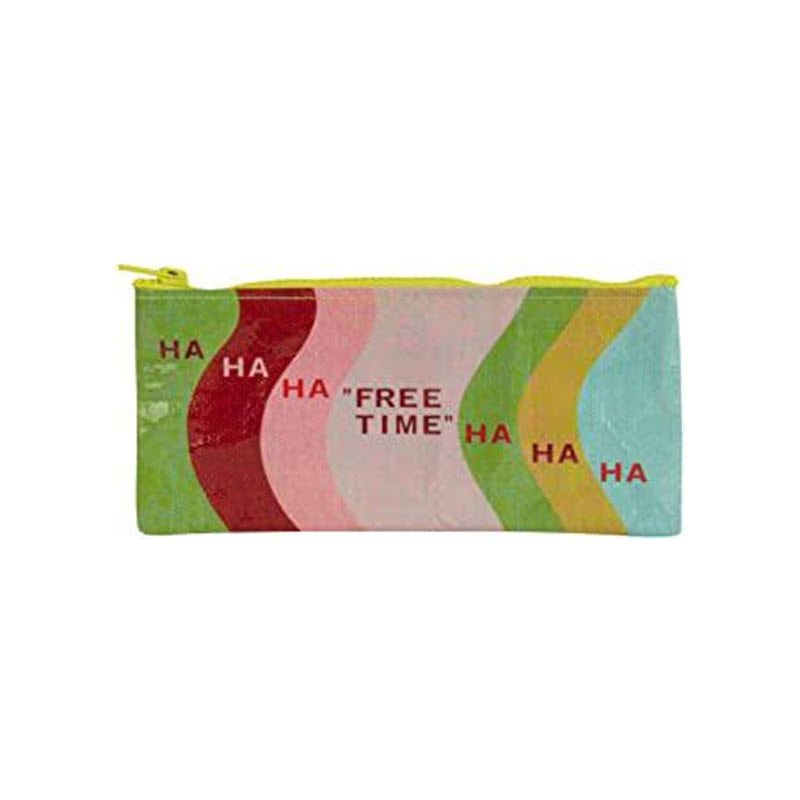 A colorful tote bag with wavy stripes and the words "BLUE Q PENCIL CASE FREE TIME" printed across in a modern font.
