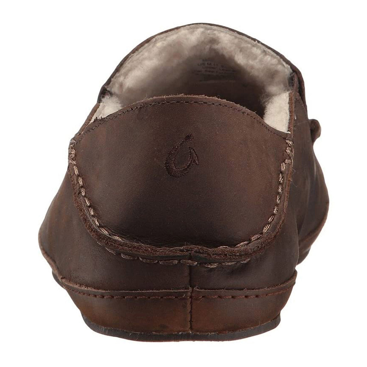 Brown nubuck leather shoe with stitched detailing and logo on the heel, OLUKAI MOLOA SLIPPER DARK WOOD - MENS by Olukai.