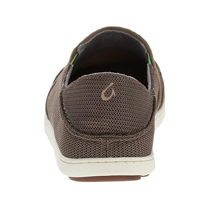 Rear view of a brown Olukai Nohea Pae slip-on Mustang sneaker with breathable mesh uppers, a white sole, and a logo on the back.