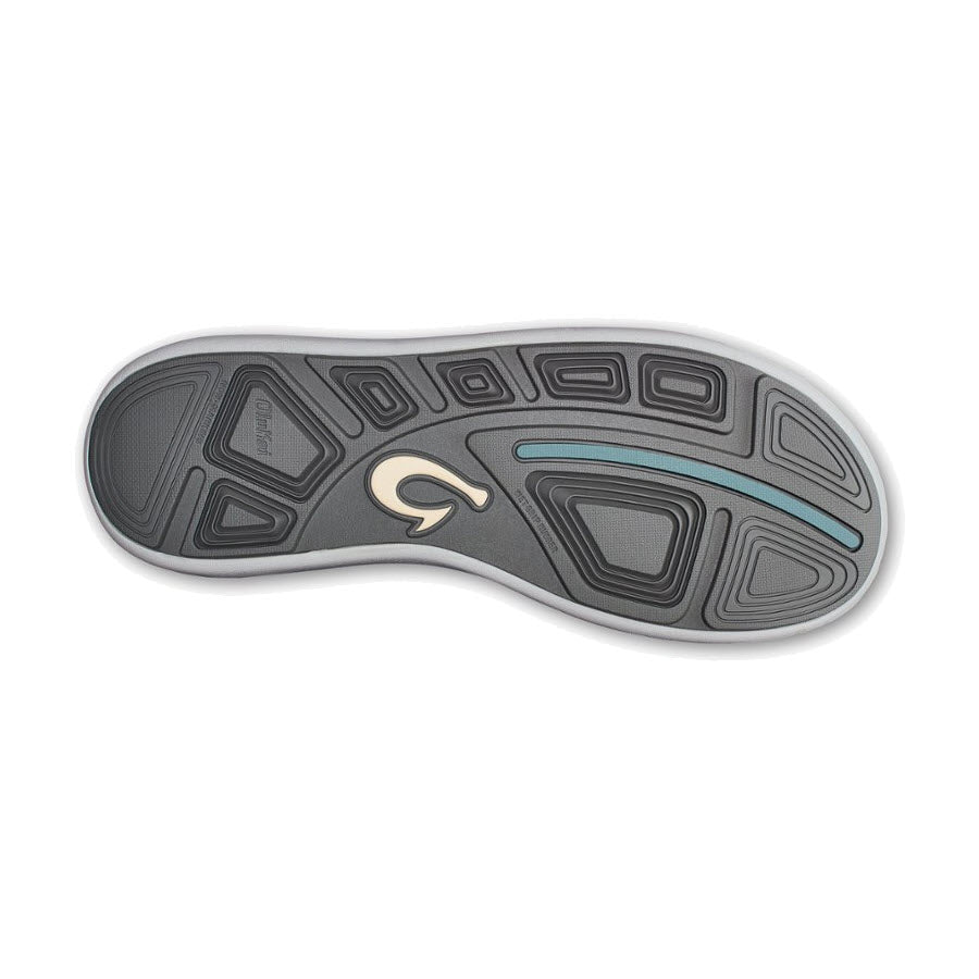 Sole of an Olukai shoe with a multi-pattern tread design, breathable mesh uppers, and a logo detail.