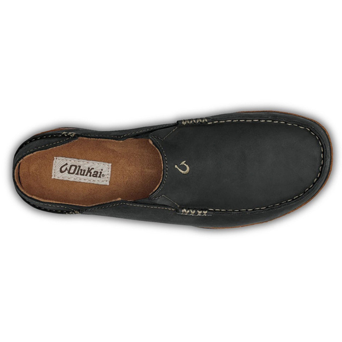 Top-down view of a single Olukai branded OLUKAI MOLOA SLIP ON BLACK shoe featuring a Drop-In Heel and crafted from nubuck leather.