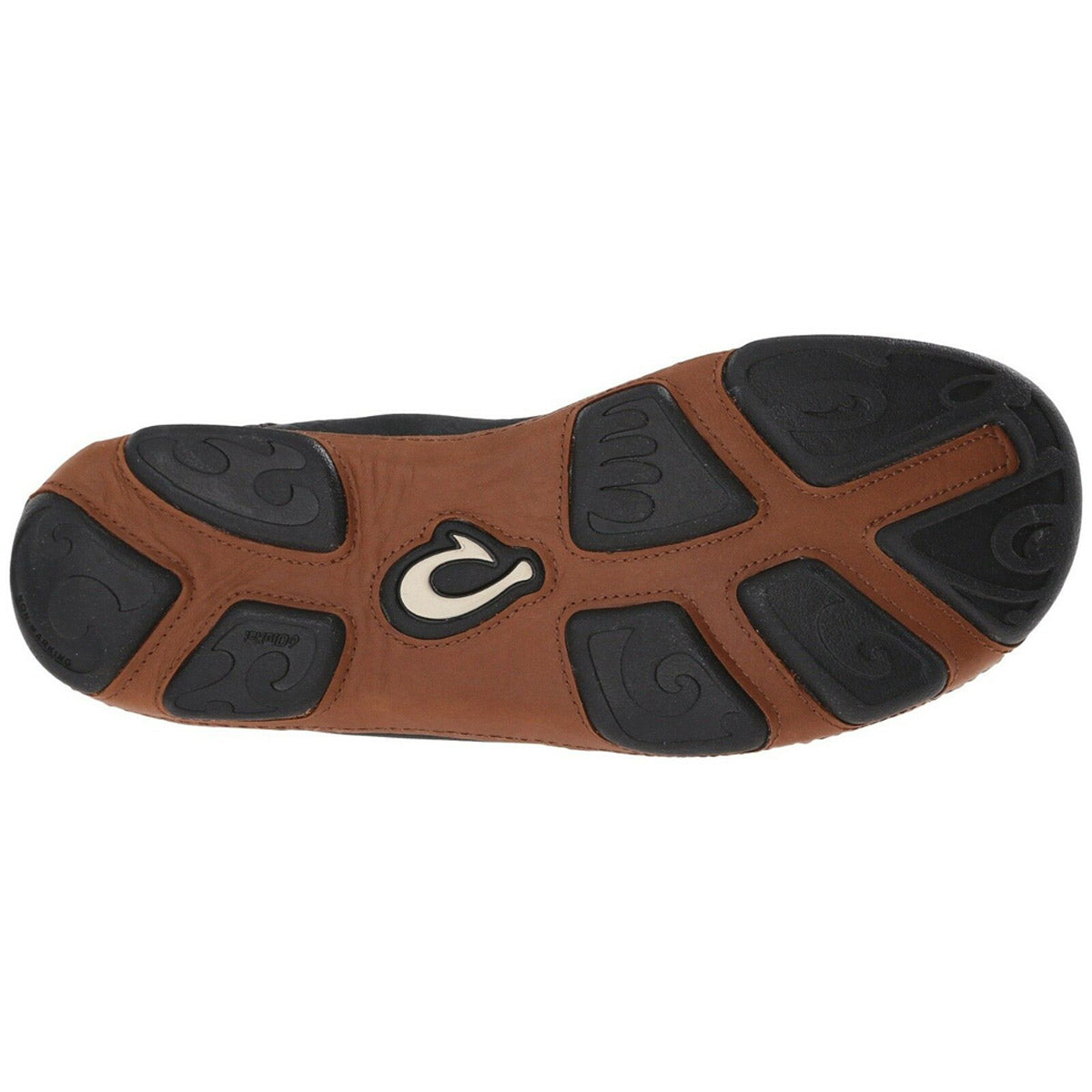Bottom view of a brown nubuck leather Olukai Moloka Slip On Black shoe sole with black traction pads and a visible brand logo.