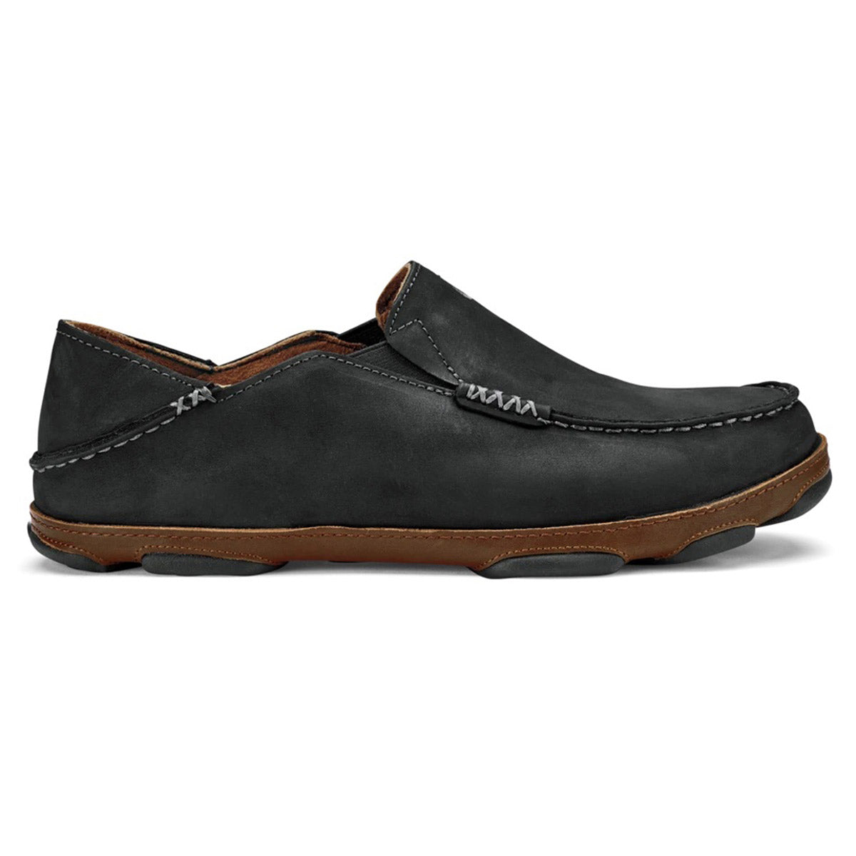 Olukai Olukai Moloa Slip-On Black men&#39;s loafer with brown sole on a white background.