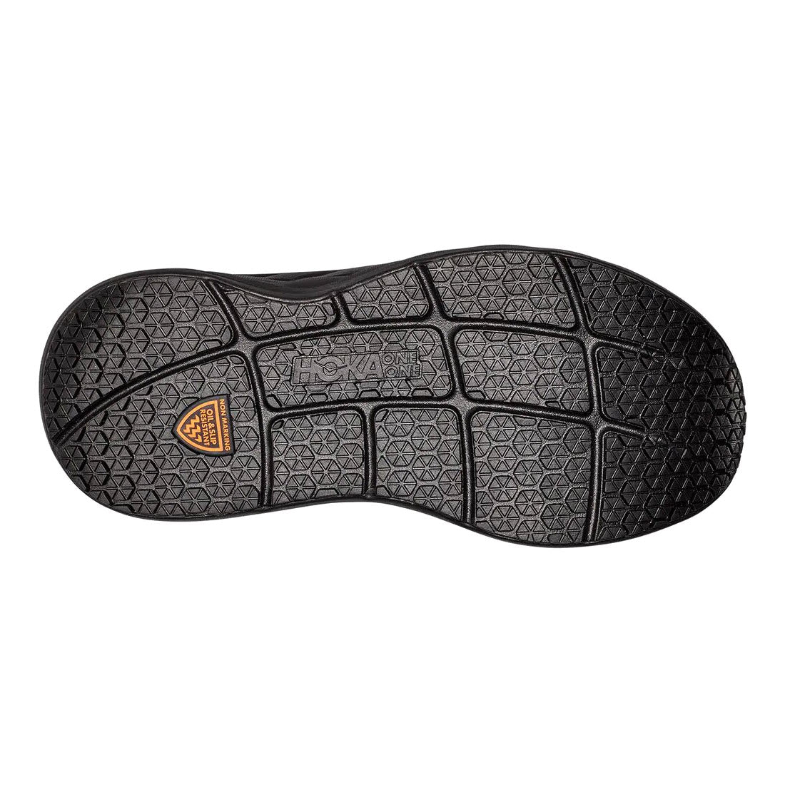 HOKA BONDI LEATHER SLIP RESISTANT BLACK slip-resistant walking shoe sole with textured pattern and Hoka brand logo.