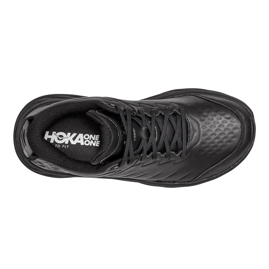 Top view of a black HOKA BONDI LEATHER SLIP RESISTANT athletic shoe.