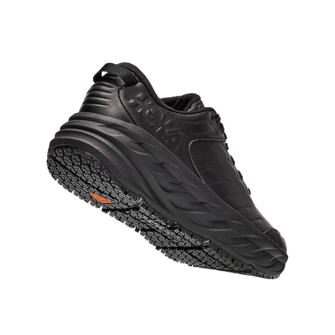 Black Hoka Bondi Leather Slip Resistant walking shoe with textured, slip-resistant sole on a white background.